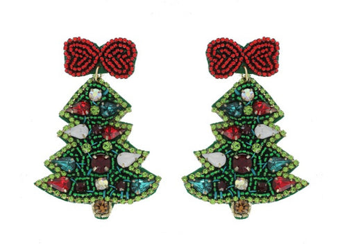 Christmas Tree Bead Embroidered Earrings