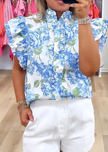 Sky Blue Floral Ruffle Button Shirt