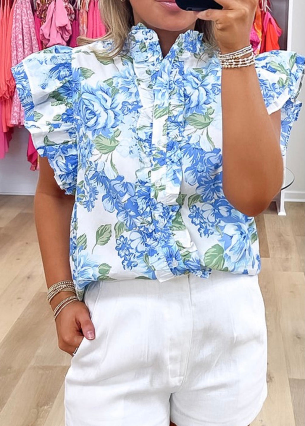 Sky Blue Floral Ruffle Button Shirt