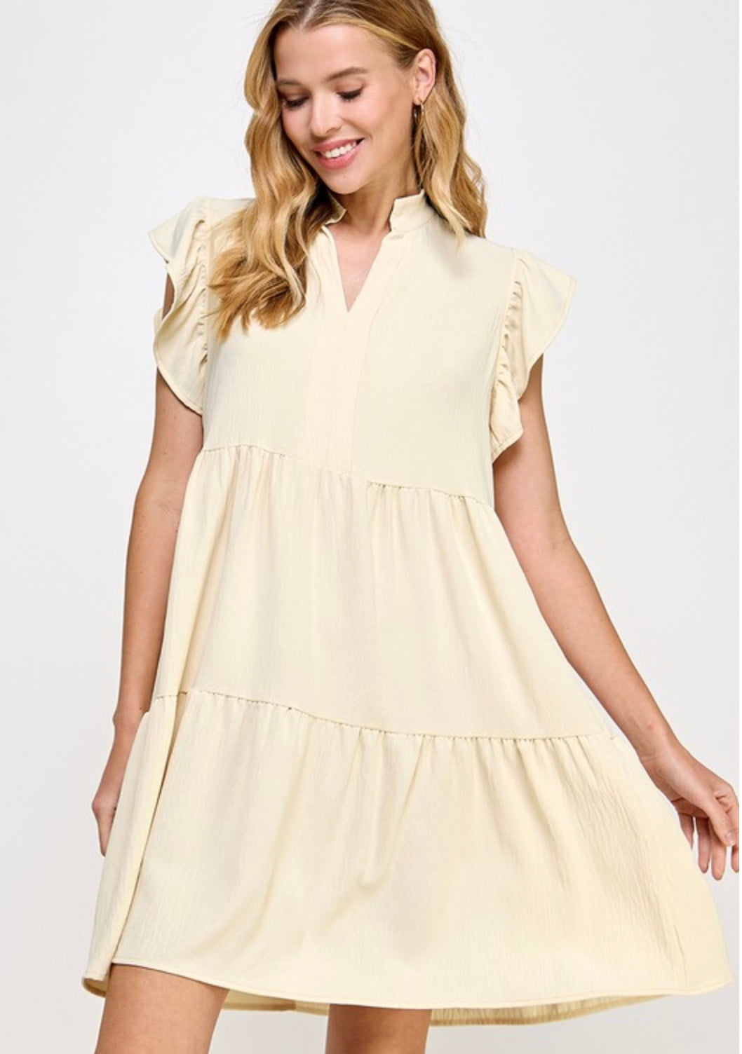2 Hearts Ruffle Sleeve Tiered Smock Dress Cream XL